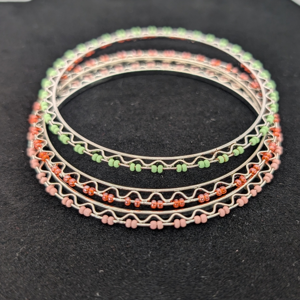 Bundle of 3 Bangle Bracelets Silver Beaded Colorful Bracelets